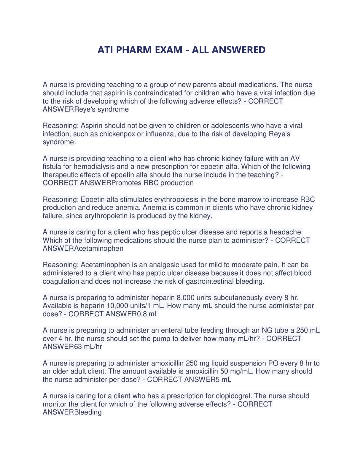 Preview image for ATI PHARM EXAM - ALL ANSWERED